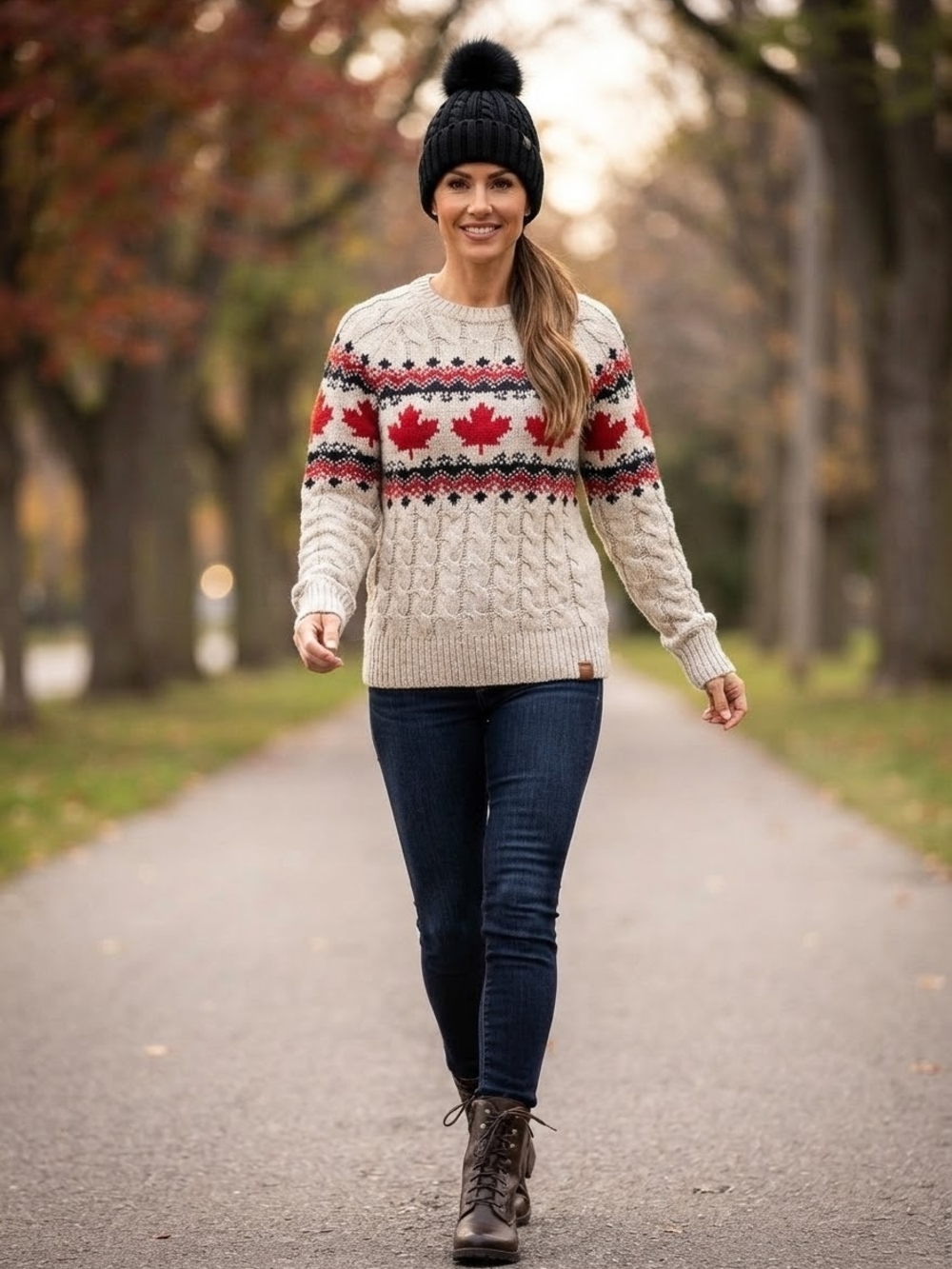 Cream Cable-Knit Crewneck Sweater with Red Maple Pattern